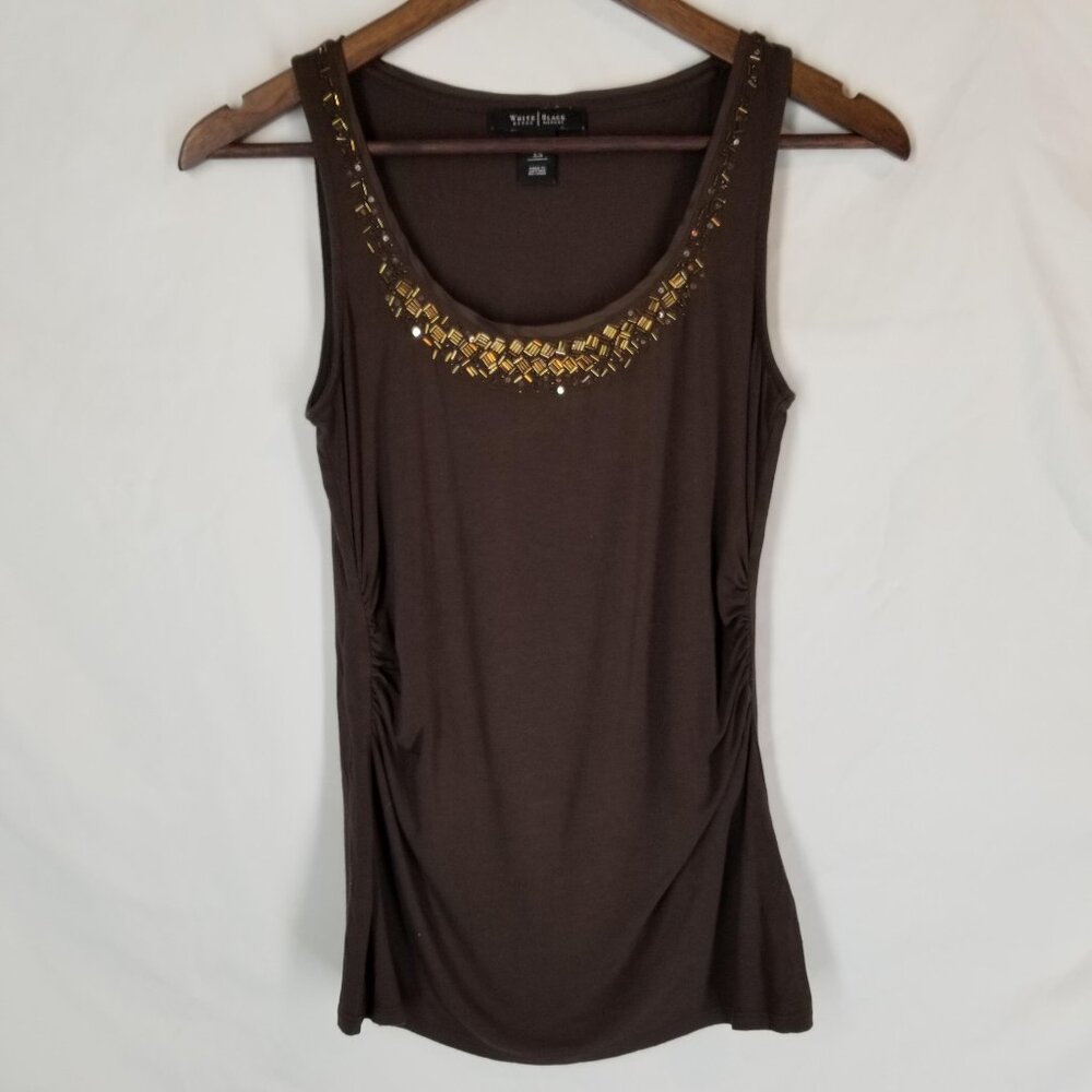 White House Black Market Brown Tank Top with Gold Embellished Neckline
